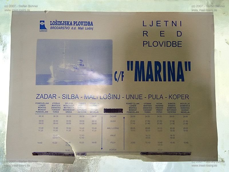 letzter Fahrplan des Motorschiffes Marina, damals von Zadar über Silba, Mali Losinj, Unije, Pula nach Koper